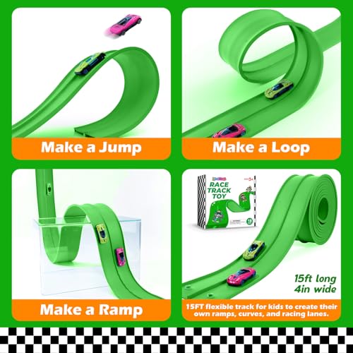 Image of Flexible Race Car Track 15 Ft Starter Set with Suction Cups Compatible with and Diecast 1 /64th Car for Ages 3 & Up Classic Green Double Track Long Rolls Up Portable Racetrack Birthday Gifts