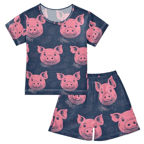 ALAZA Navy Blue Pig Piggy Pajamas Set Short Sleeve Cotton Sleepwear Summer Pjs 2 Piece 5-14Y