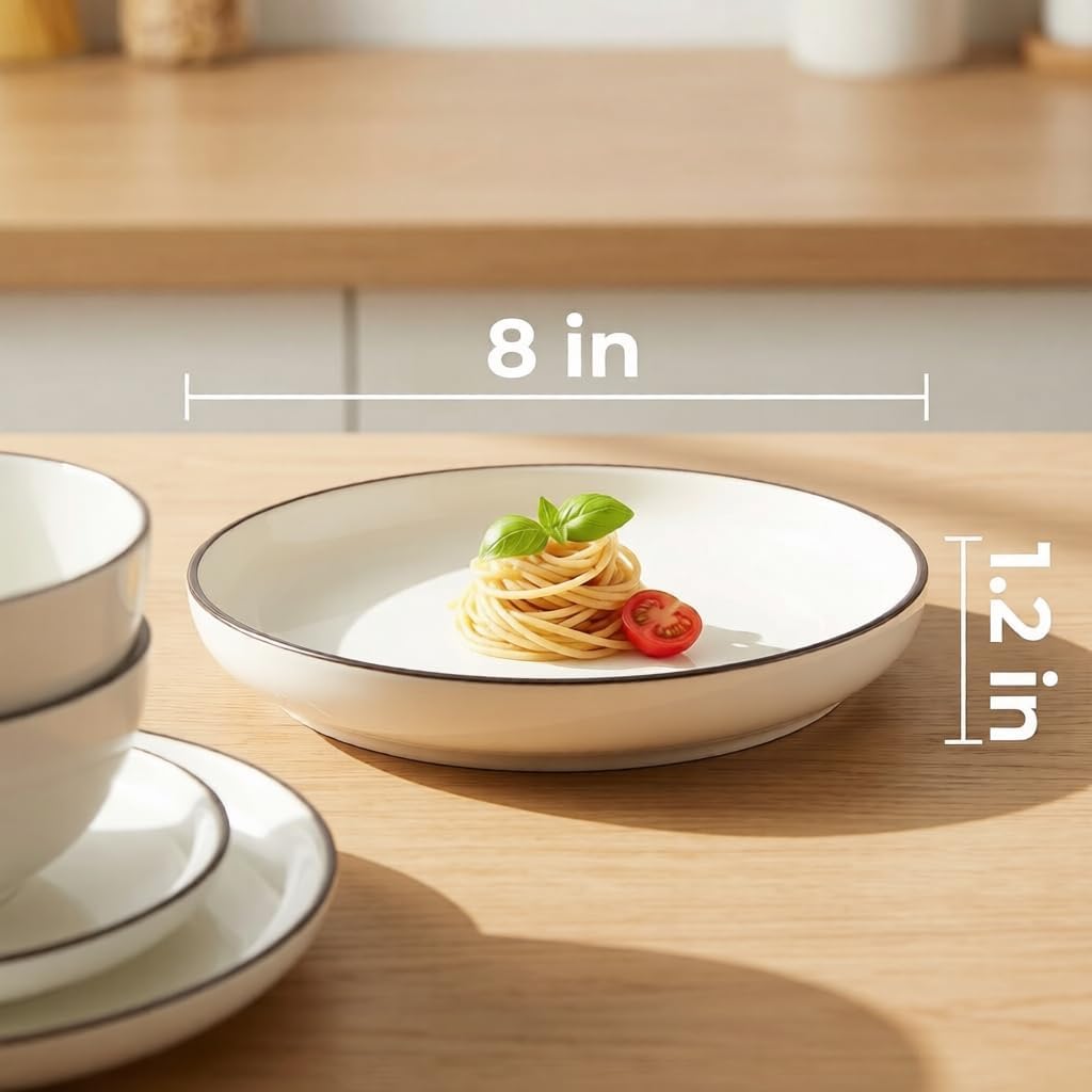 8 inch Salad Plates Set of 6, Small Ceramic Dinner Plates with Dark Brown Rim, 16.9 oz Round Dishes for Lunch, Appetizer, Dessert, Pasta, Steak, Farmhouse Style, Microwave & Dishwasher Safe