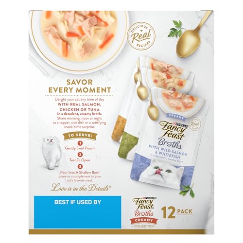 Purina Fancy Feast Broths Creamy Wet Cat Food, 1.4 oz, 12 Pouches | Variety Pack with lickable broth topper. Contain no by-products, artificial flavors, colors or preservatives - image 8