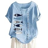  ORANDESIGNE T-Shirt Femme Motif Imprimé Poisson Tee Shirt Manche Courte Grande Taille Ample Décontracté Bouton Tunique Top Blouse Chic Pas Cher Casual Sport Haut Femme Lâche Elegant Tops H Bleu 3XL