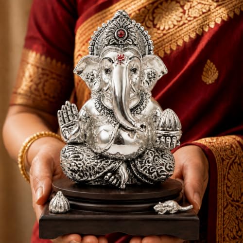 Image of Silver-Plated Lord Ganesha Idol with Modak & Mushak | Ganpati Murti for Home, Pooja Room, Office Desk & Car Dashboard | Home Decor & Diwali Gift - Large