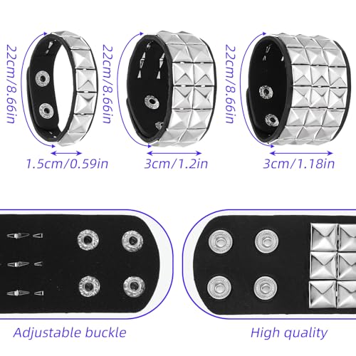 3 Pcs Punk Rock Leather Studded Bracelets for Men Women, Gothic Spike Cuff Bracelet Set for 80s 90s Emo Goth Jewelry Costume Accessories for Rocker Outfits2
