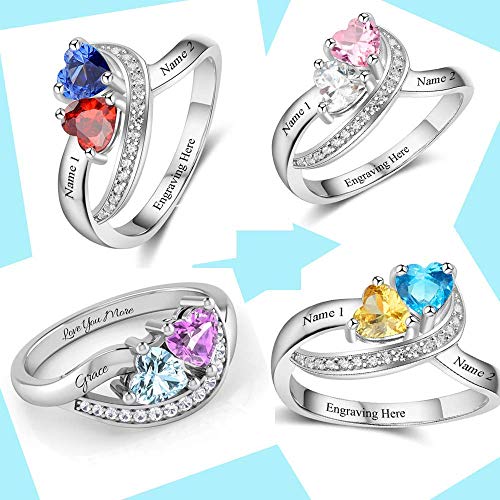 Diamondido Personalized Name Rings 2 Simulated Birthstones Promise Rings for Women Couple Engagement Rings Band (6)
