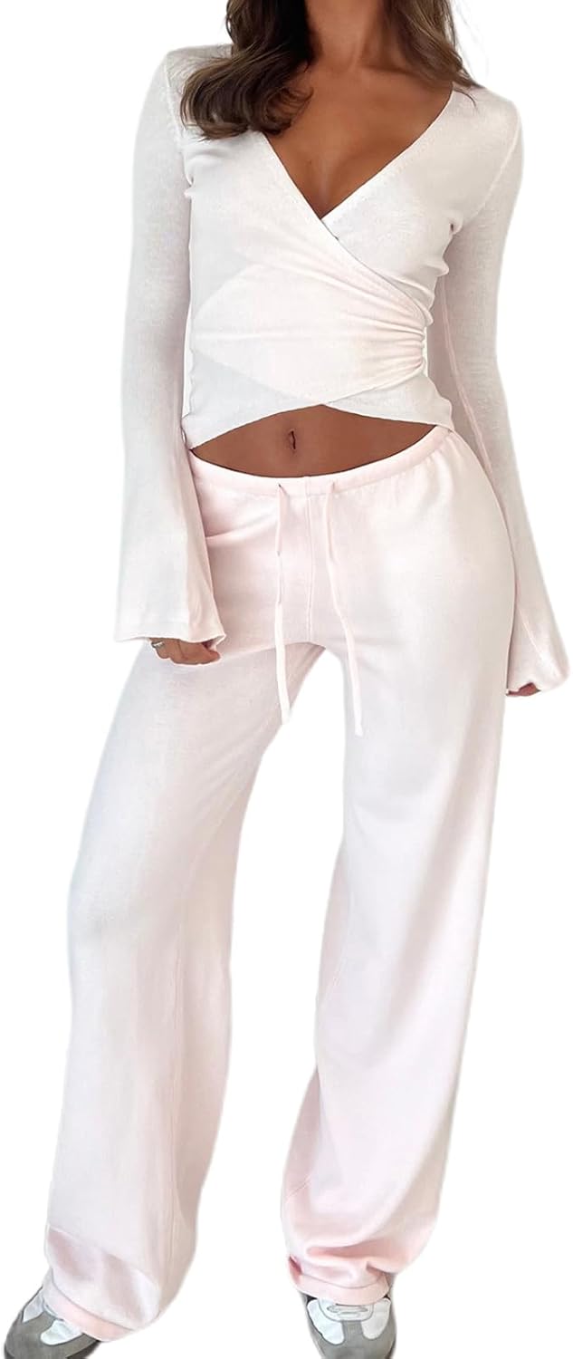Women Ballet Wrap Tops Sets Athletic Pilates Tie Front Long Sleeve Shirt Sets Y2k Yoga Cross V Neck Fairy Blouse Sets