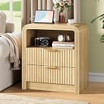 Decofy Fluted Nightstand Set of 2 with Charging Station, 2 Drawers, Oak - Image 2