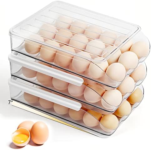 WALNUTT Kitchen Rolling Egg Container for Refrigerator with Lid,54 Large Capacity Egg Holder for Refrigerator,Egg Storage Container Organizer,Egg Tray for Refrigerator (3 Layer)