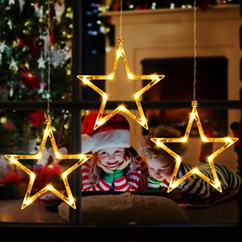 Ulinek Chritmas Window Lights Indoor Outdoor, 3 Stars Lights 30 LEDs Battery Operated Timer for Hanging 8 Modes Warm White Star String Lights, Xtmas Lights Decorative Light for Window, Door, Wall