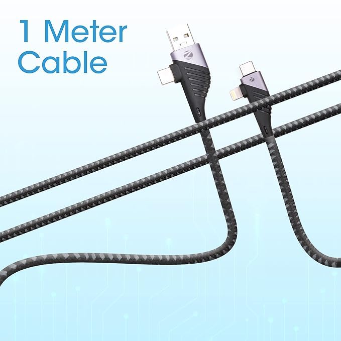Image of Zebronics UCLC65B 65 Watts PD Fast charging 4 in 1 cable with USB /Type C to Type C /Lightning connector, 1 meter braided cable for smartphones tablets and Laptops