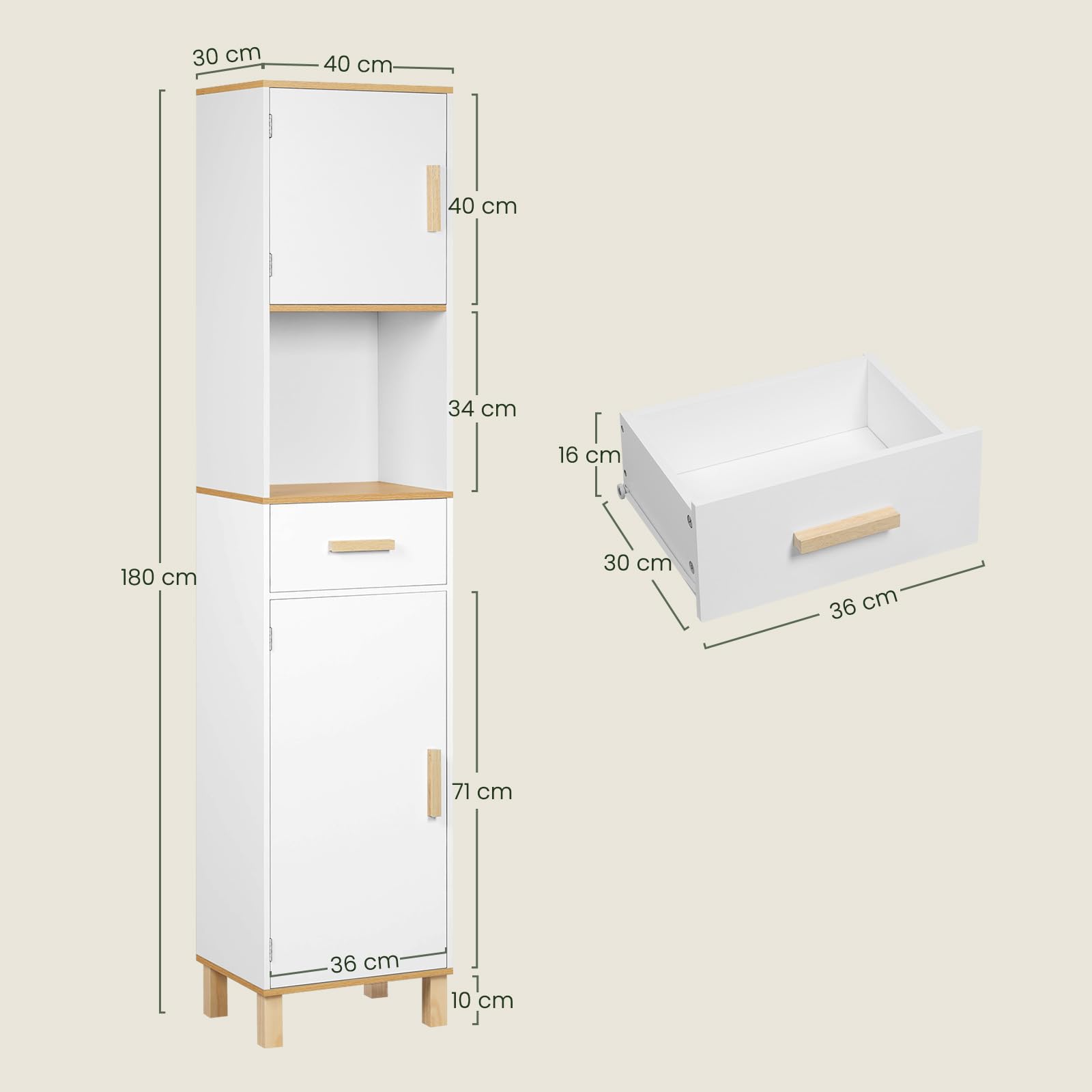 EUGAD Mobile da Bagno Alto e Stretto, Armadio a Colonna da Bagno Salvaspazio in Legno MDF Mobiletto, Mobile Multiuso con 2 Ante, 1 Cassetto e 1 Vano Aperto, Bianco, 40x30x180cm