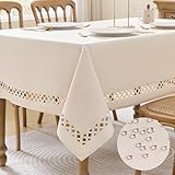 Aoztio Linen Style Rectangle Tablecloth, Rustic Lattice Cutwork Waterproof Table Cloth, Wrinkle Free Anti-Fading Table Cover for Party, Restaurant, Indoor & Outdoor Dining, 55 x 102 Inchs, Natural