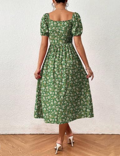 Image of SPRIME Women's Floral Summer Casual Dress Square Neck Puff Sleeve Boho Midi Dresses Ruched Bust High Waist Split Long Dress