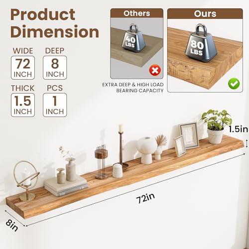 Image of Acovy Extra Deep 72 inch Long Live Edge Rustic Floating Shelves for Wall, Solid Wood Wall Shelves with Invisible Bracket Mount for Living Room Bathroom Bedroom Kitchen, Set of 1, Natural
