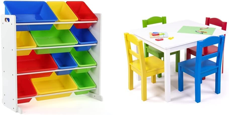 Humble Crew, White/Primary Kids Wood Table and 4 Chairs Set &, White/Primary Kids' Toy Storage Organizer with 12 Plastic Bins