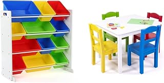 Humble Crew, White/Primary Kids Wood Table and 4 Chairs Set &, White/Primary Kids' Toy Storage Organizer with 12 Plastic Bins