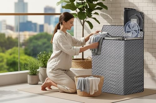 Image of The Furnishing Tree Semi-Automatic Top Load Washing Machine Cover | Waterproof & Dustproof | Easy to Clean | Durable & Washable, Basketweave Grey Polyester (51x80x86 CM)