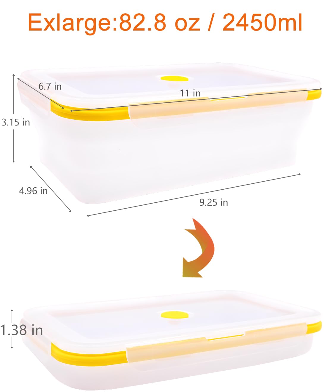 Extra große, faltbare transparente Silikon-Frischhaltedosen mit Deckel, 2,5 l, 3 Stück, XXL, faltbare Bento-Lunchbox, wiederverwendbare große Mahlzeiten-Boxen für Küche, Camping, BPA-frei (3