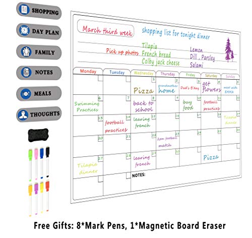 Calendario magnético para nevera, pizarra de borrado en seco para frigorífico, elegante pizarra negra con diseño mensual para cocina, oficina y todas sus actividades para niños, Blanco, 16.5