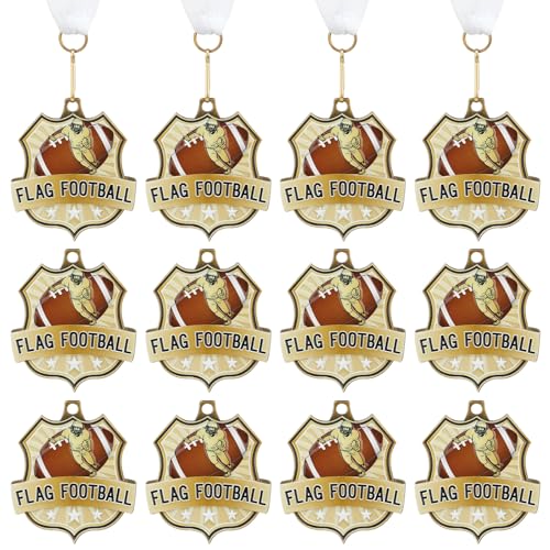 Ecation 12 Pcs Flag Football Medals 2 Inch Football Team Medal Awards Gold Sports Award Medals with Neck Ribbon