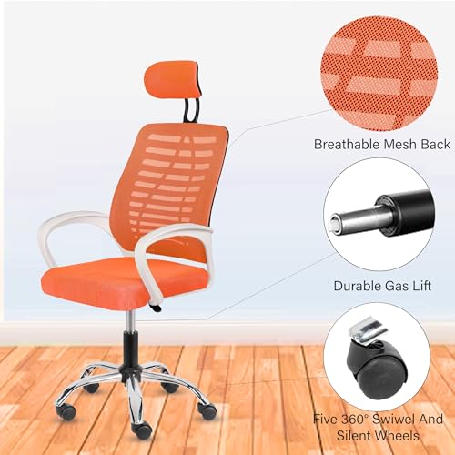Image of Casa Copenhagen,Mesh Office Desk Chair,Rocking Ergonomic Computer Chair Adjustable High with Headrest and Comfortable Armrest Swivel - Orange & White Handle