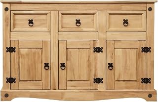 Panana Corona 3 Doors Sideboard, Solid Waxed Pine Wood Natural, Mexican Pine Sideboard Dining Room Furniture (3 Door 3 Drawer)