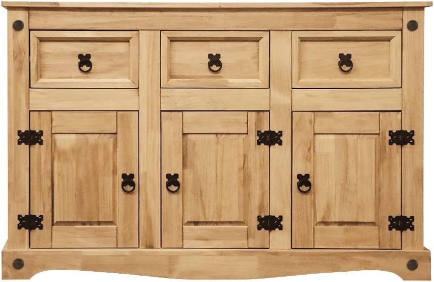 Panana Corona 3 Doors Sideboard Solid Waxed Pine Wood Natural Mexican Pine Sideboard Dining Room Furniture (3 Door 3 Drawer)