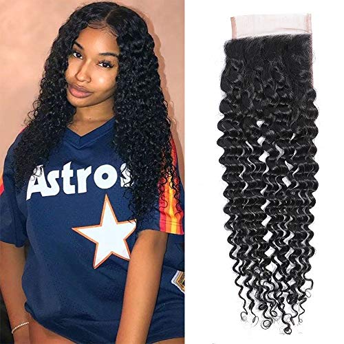Deep Wave Lace Closure 4x4 Three Part/Middle Part/ Free Part 100% Unprocessed Virgin Brazilian Deep Curly Human Hair Lace Closure (20 inch., Lace Closure)