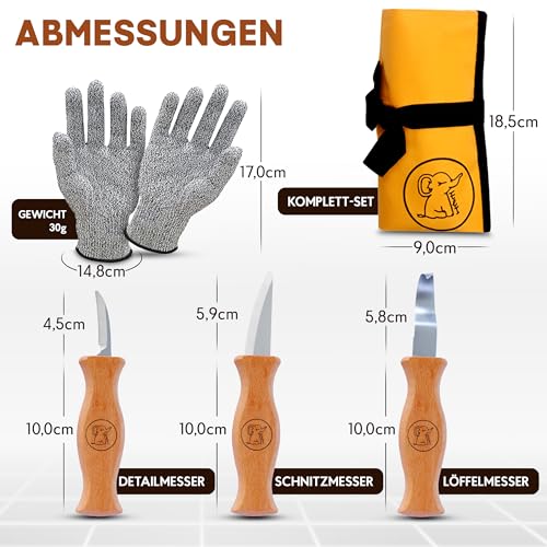 Eli® Schnitzmesser Kinder Set ab 6 Jahre - hochwertiges 5-teiliges Kindermesser Schnitzset inkl. schnittfeste Handschuhe - Kinderschnitzmesser - Schnitzwerkzeug - Taschenmesser