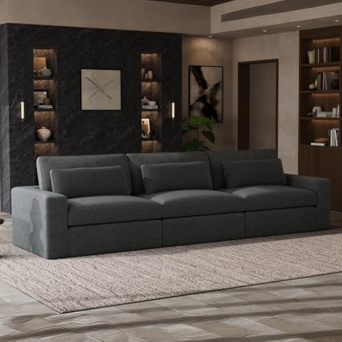 Image of Novilla 140 inch Deep Seat Modular Sectional Sofa, Removable Washable Covers, 3 Seater Cloud Couch with Lumbar Pillows, Chenille Boneless Sectional Couch Dark Gray, No Assembly Required