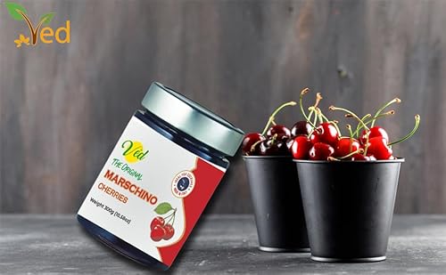 Ved Gourmet Original Red Maraschino Kirschen - Italienische Kirsche für Old Fashioned Cocktails - Veganer Cocktail, Bourbon-Kirschen in natürlichem Sirup zum Cocktail-Topping - (300-g-Glas (1er-Pack))
