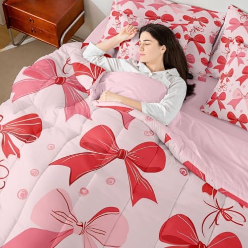 Image of Red Bow Tie 7-Piece Comforter Set Full Bed in a Bag | Pink Bow Bedding Sets Dreamy Princess Style Bowknot Comforter and Sheet Set, Cute Ribbon Bowknot Room Decor