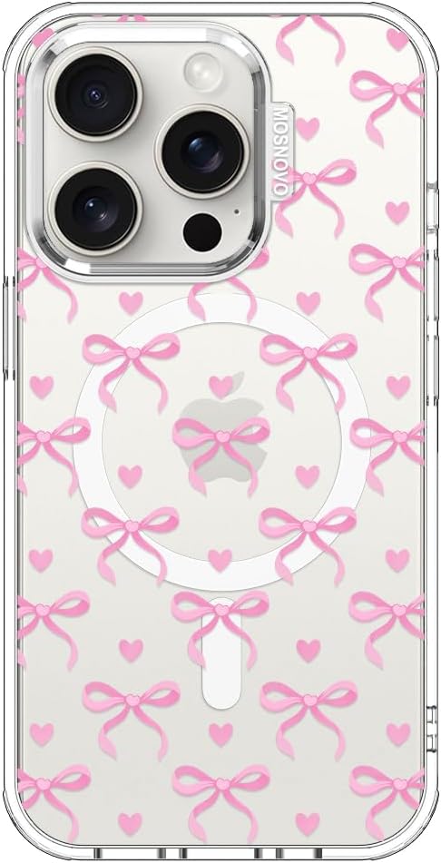 MOSNOVO Case for iPhone 15 Pro, [Compatible with Magsafe] [Buffertech 6.6ft Military-Grade Drop Protection] [Anti Peel Off Tech] Clear Phone Case Design - Bowtiful Love
