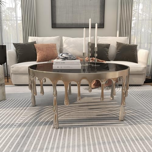 Image of Deco 79 Aluminum Metal Living Room Coffee Table Melting Drip Table with Black Glass Top, Center Table 36 inch x 36 inch x 16 inch, Silver