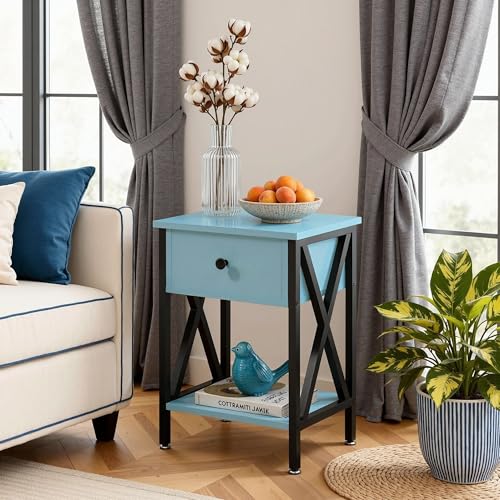 Image of VECELO Nightstand,Modern Bedside End Table, Night Stand with Drawer and Storage Shelf for Living Room Bedroom, Industrial Metal Frame