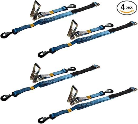 Mytee Products (4 Pack) 2" x 8' Tie Down Ratchet Axle Straps with Snap Hooks, D-Ring and Protective Sleeve, 10,000LBS Capacity - Race Car Trailer Car Hauler Towing
