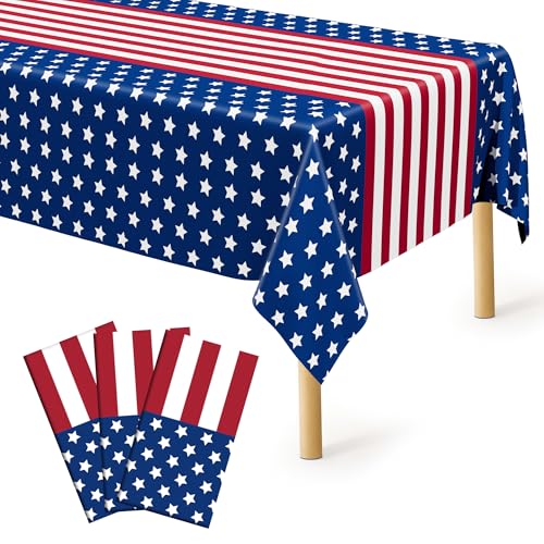 Image of 3 Pack Plastic 4th of July Tablecloths, Patriotic USA Flag Party Supplies | 108 inch X 54 inch 4th of July Decoration, Disposable Red White Blue USA Flag Tablecover, Waterproof Independence Decor for USA Party