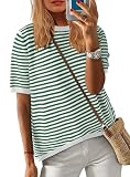 Yanekop Womens Striped Shirt Crewneck Short Sleeve T Shirt Loose Fit Summer Tops Casual Loose Basic Tee(Green White,S), Small