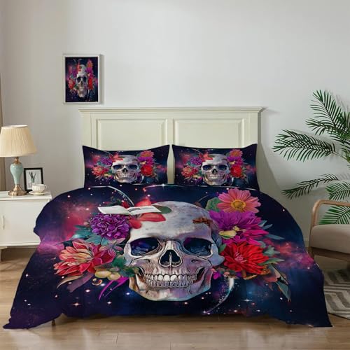 Housse de couette réversible violette imprimé crâne de fleur - 5