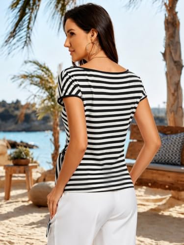 Image of HOTIAN Womens Cap Sleeve T Shirts 2026 Tie Waist Wrap Tops Crew Neck Blouses Dressy Casual Loose Work Business
