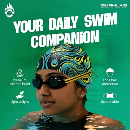 Image of Burnlab Silicone Swimming Cap for Long Hair, Comfortable Fit for Pool Use, Adult (Black Flame)