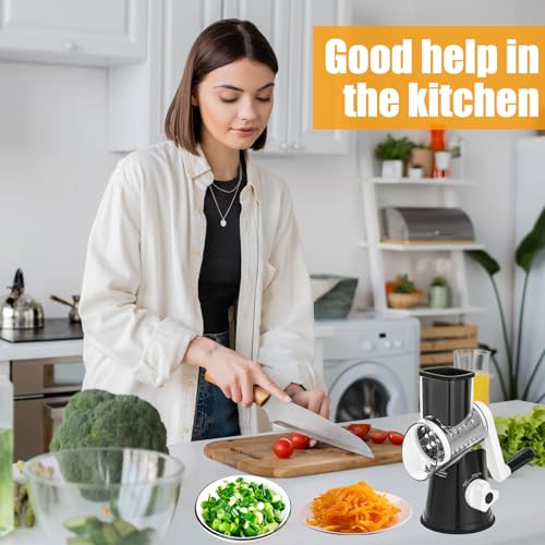Rotary Cheese Grater, Vegetable Slicer with 3 Interchangeable Stainless Steel Drum Blades, Effortless Slicing and Dicing, 3-in-1 Handheld Vegetable Choppe for Cheese, Vegetables and Nuts(Black) - Image 6