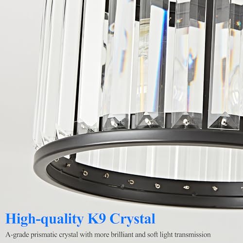 OKELI 9.8" Small Crystal Chandelier Semi Flush Mount Ceiling Light, Modern Black Round Crystal Chandeliers Ceiling Lights Fixture for Hallway Bedroom Living Room E26 by OKELI - Used condition - Image 7