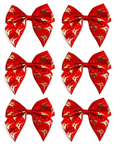 Italian Options Reindeer Stag Ribbon Bows, Self-Adhesive Satin Christmas Bow Decorations for Gift Wrapping, Crafts, Wreaths, Crafting Accessories, Gold Reindeer Red Satin, 6 Pack, 10 cm