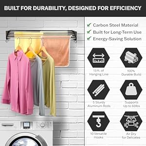Wall Mounted Laundry Drying Rack Retractable Foldable 315 Wide 132 Linear Ft 5 Heavy Duty Aluminum Rods 60 lb Capacity Space Saving Design Easy Installation IndoorOutdoor Black