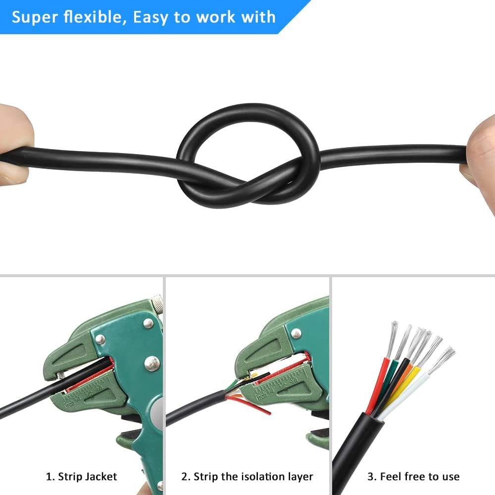 Cable eléctrico de calibre 16 y 6 conductores, cable de extensión 16/6 cables de cobre estañado trenzado de PVC negro de 50 pies, cable de extensión de cable 16/6