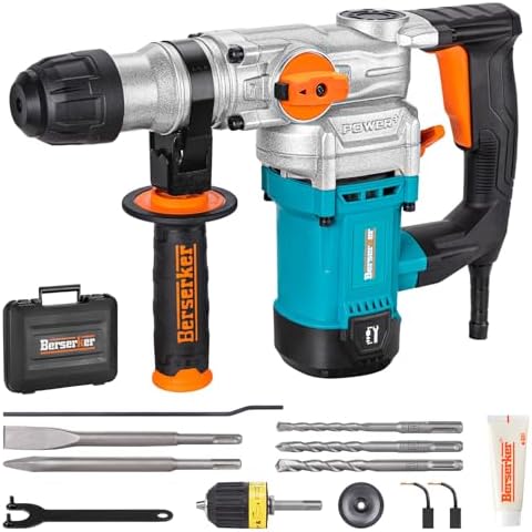 Close-up of the Berserker rotary hammer drill and its included accessories including chisels, bits, and case