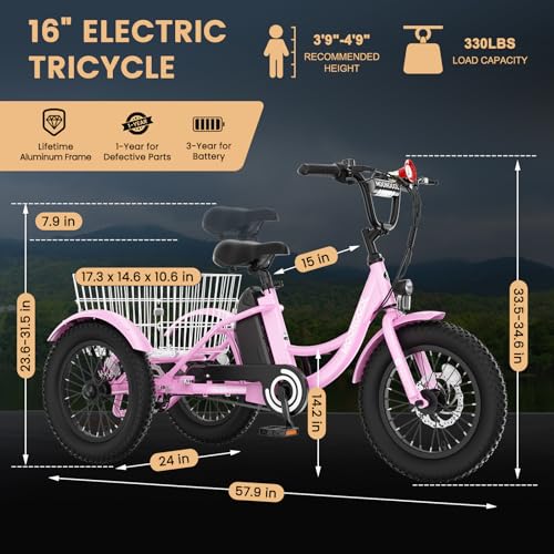 MOONCOOL 16″×3″ Youth Electric Trike, 250W Fat-Tire 3-Wheel