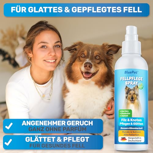 BluePet 200 ml Entfilzungsspray für Hunde & Katzen I Löst Verfilzungen & Verbessert Kämmbarkeit, Anti Filz Spray als Fellspray für Fellpflege, Glätten & Pflegen mit Aloe Vera, Shea-Butter & Jojobaöl