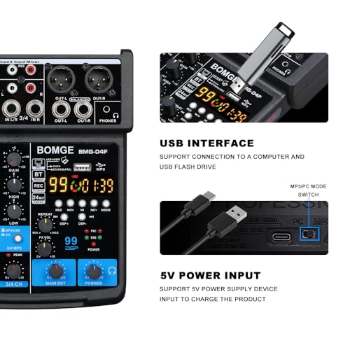 Image of BOMGE 4 Channel mini DJ Audio Sound Mixer Interface with MP3 USB Bluetooth Stereo Recording 48V Phantom Power 99 DSP for karaoke, performance, church singing podcas streaming