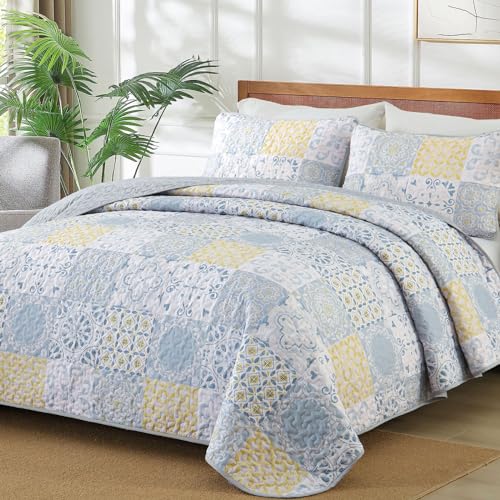 Dobuyly Queen Quilt Set 3 Pieces, Blue/Yellow/Grey Patchwork...